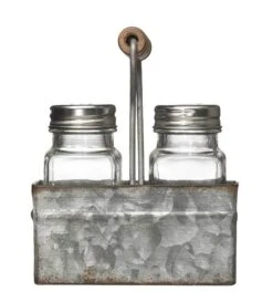 Glass Salt & Pepper Shakers In Galvanized Metal Caddy