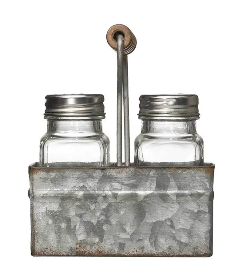 Glass Salt & Pepper Shakers In Galvanized Metal Caddy 3 Glass Salt & Pepper Shakers In Galvanized Metal Caddy