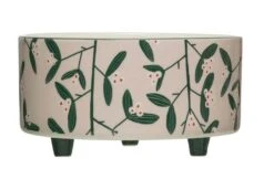 Round Stoneware Footed Bowl With Mistletoe Pattern