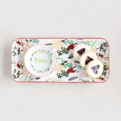 Stoneware Platter And Round "Peace" Dish With Poinsettia Pattern