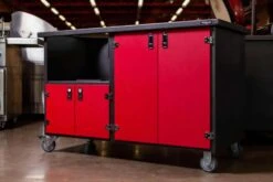 Wellspring Alpha Series Grill Cabinet For Kamado Joe Classic Joe, Silver Vein Frame, Red Doors And Stainless Steel Hardware